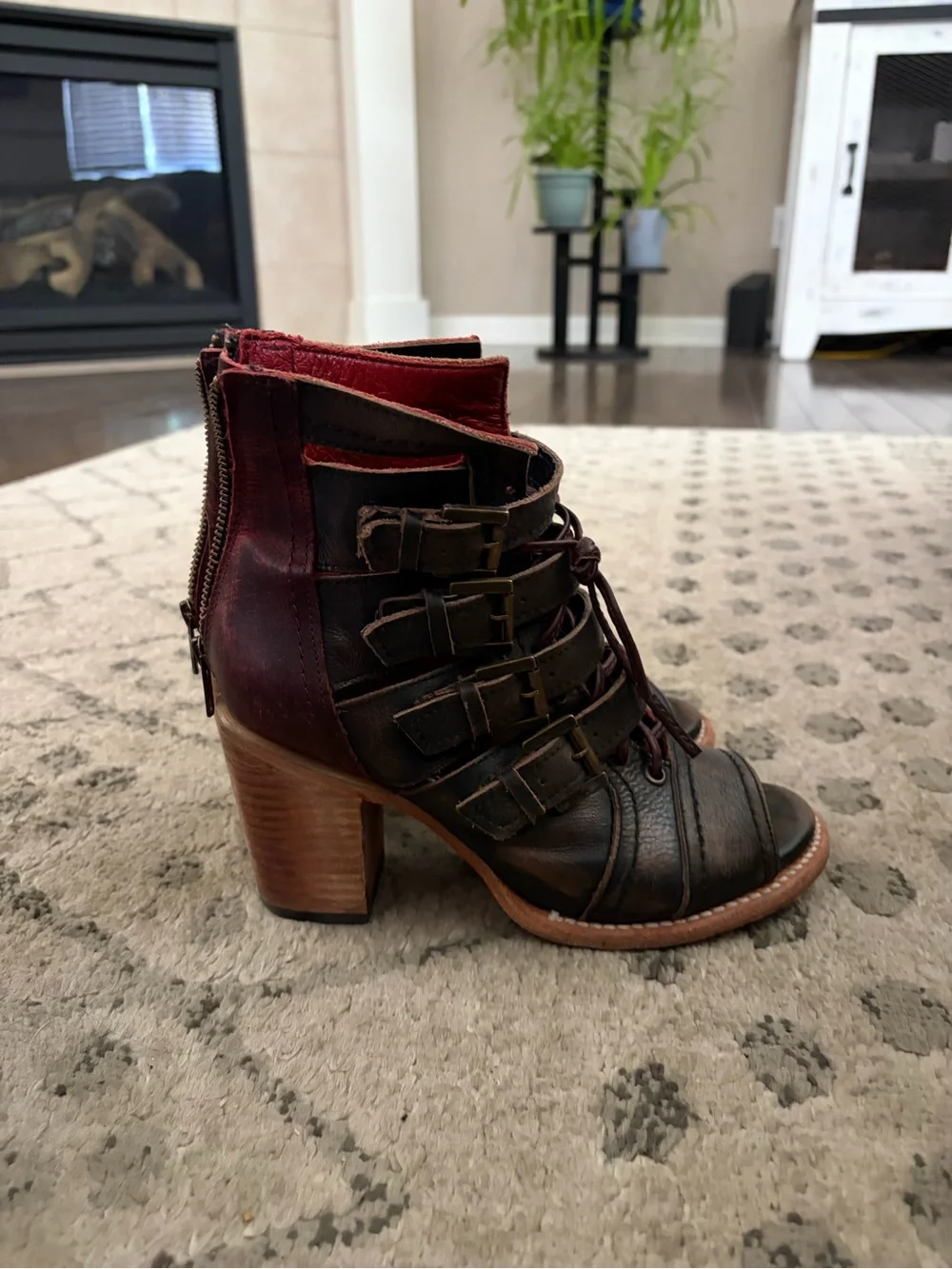 Freebird by Steven Black and Dark Red Open-Toe Lace-Up Ankle Booties